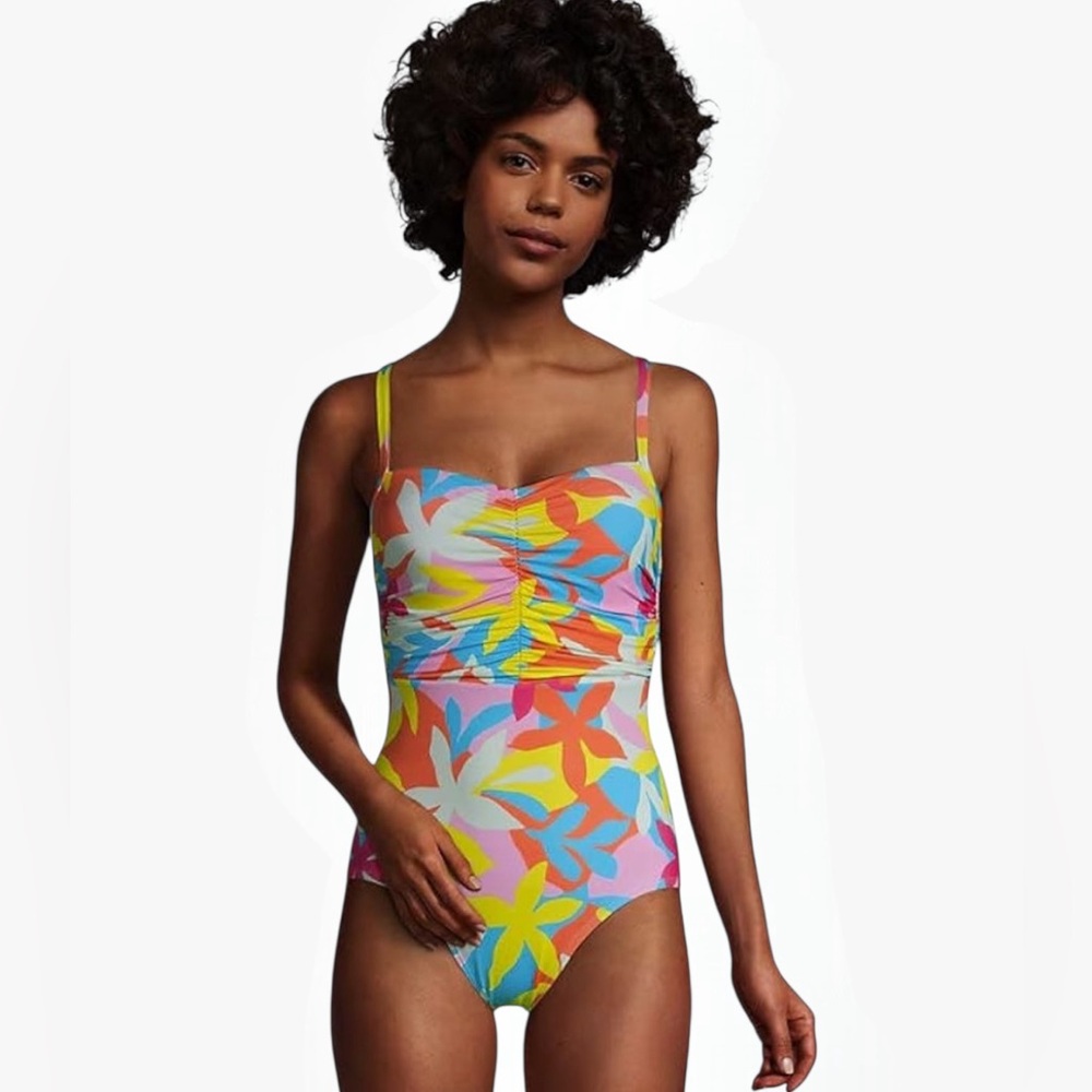 Lands' End Floral One Piece Swimsuit Bathing suit, size 2. Turquoise blue swim